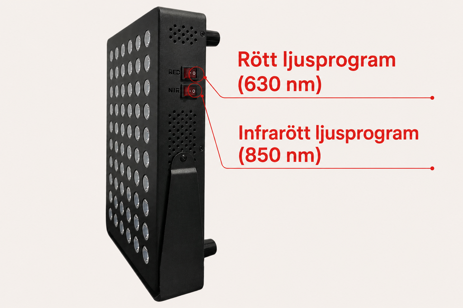 Red light therapy panel with buttons for light program and duration selection.