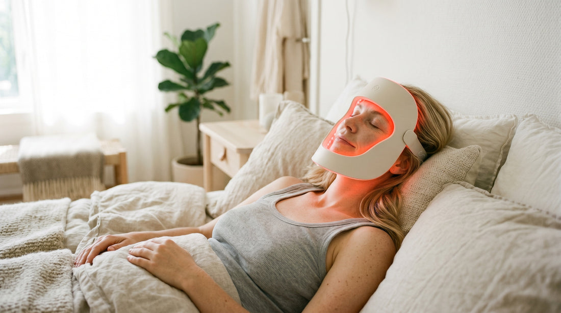 Kvinna som vilar med en LED-ansiktsmask som lyser med rött ljus