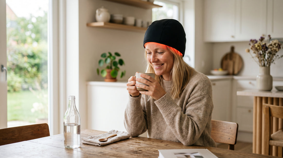 Kvinna med rödljus-keps som dricker kaffe vid köksbordet hemma