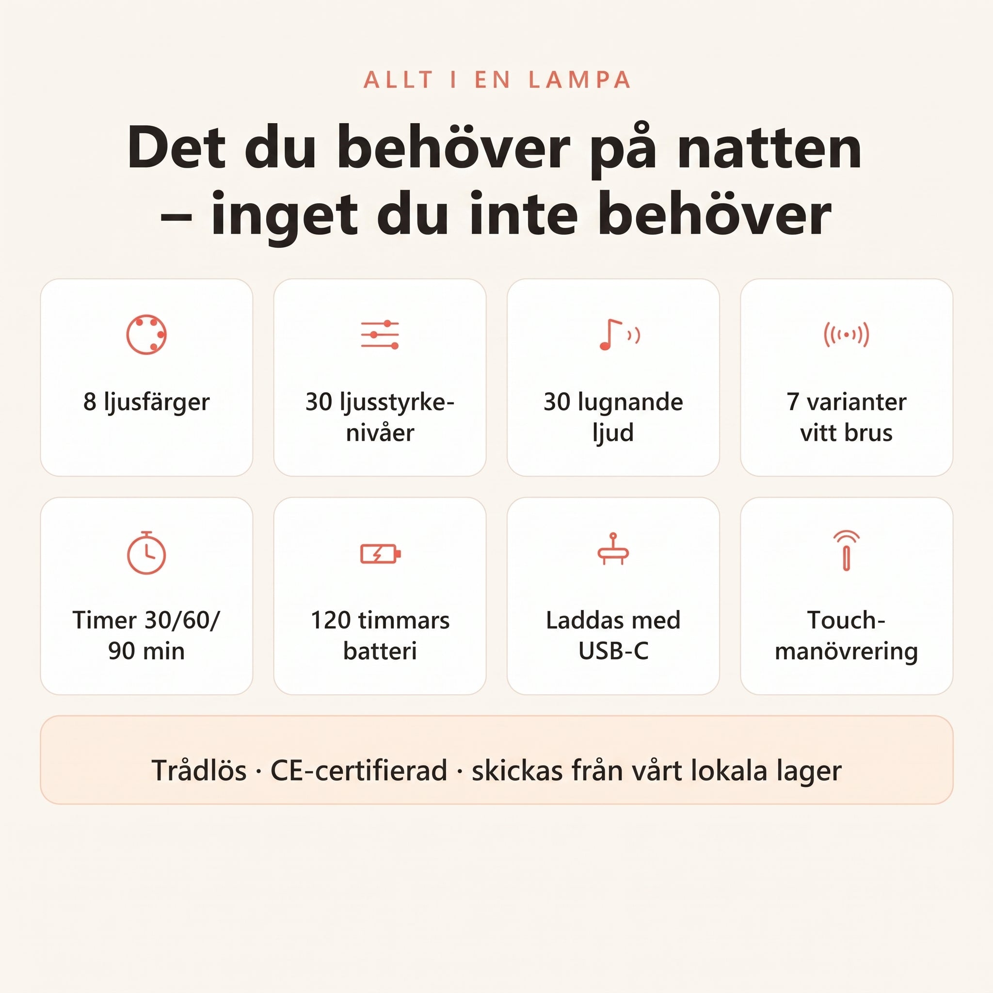 Funktioner: 8 ljusfärger, 30 ljud, timer och 120 timmars batteri